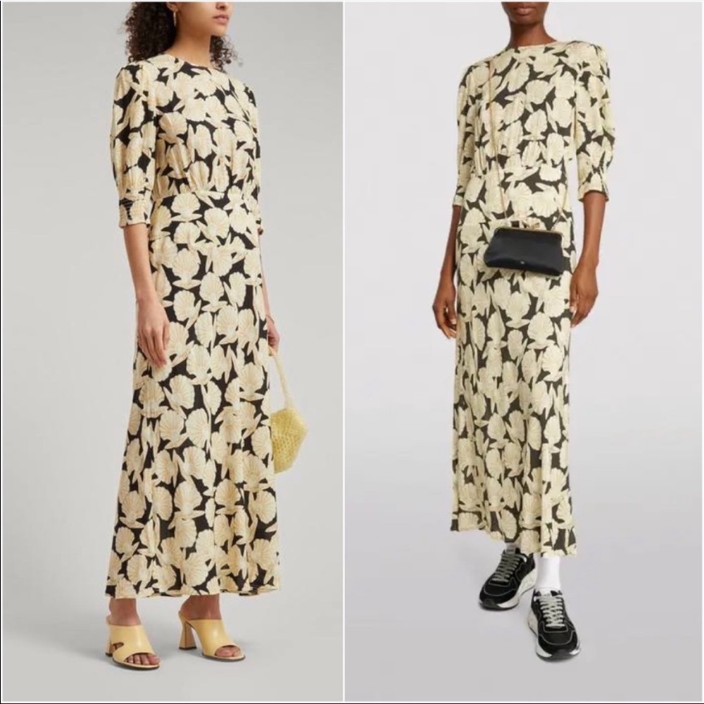 RIXO Black and Cream Leaf Print Midi Dress - Picture 2 of 7